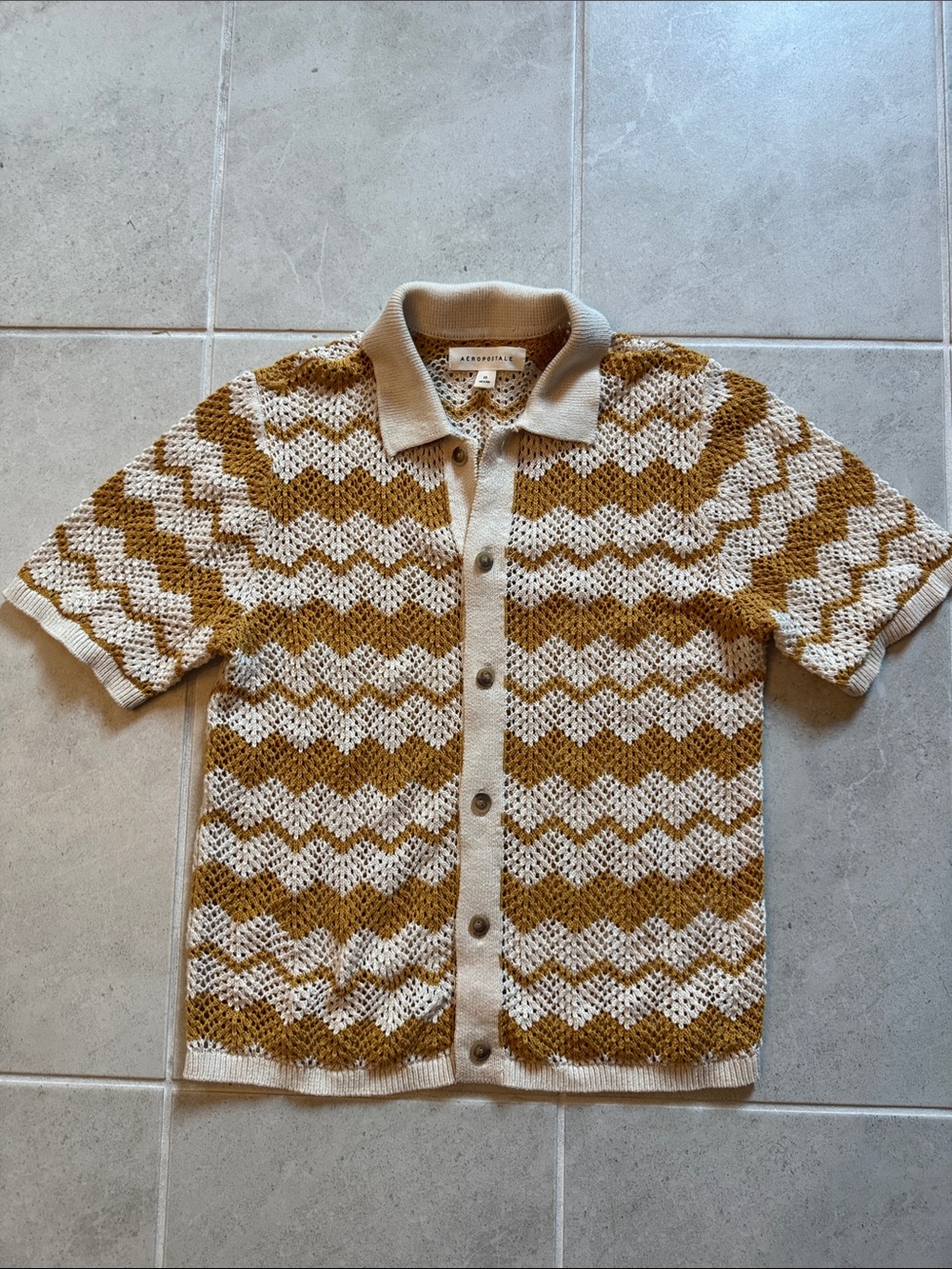Aeropostale Mustard and Cream Zigzag Knit Polo Cardigan